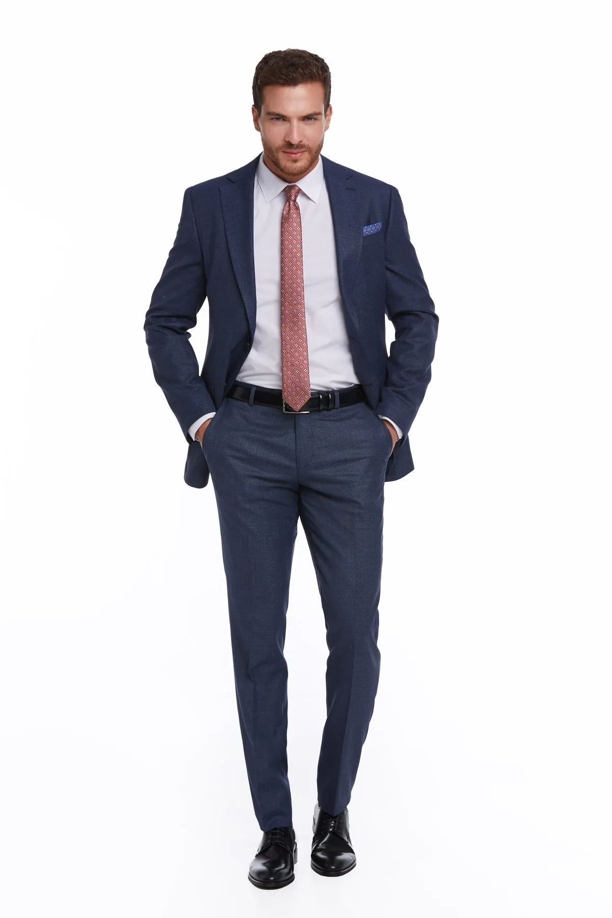 Slim Fit Notch Lapel Textured Navy Classic Suit