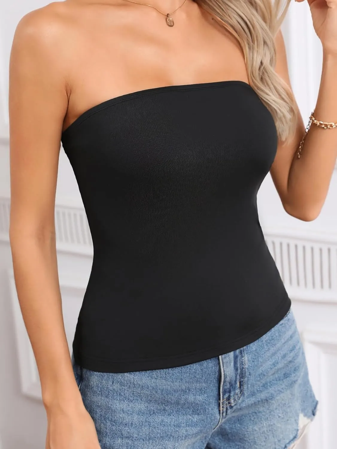 SOLY HUX Women's Solid Tube Crop Top Sleeveless Strapless Bandeau Y2k Tops