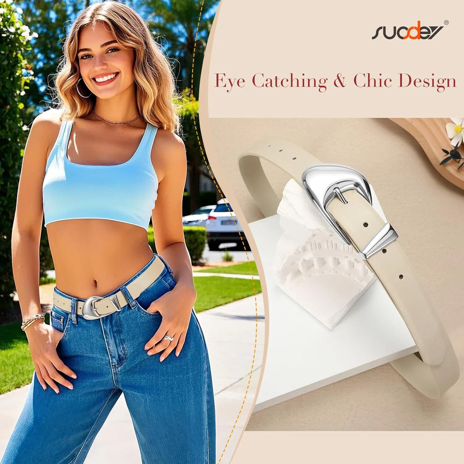 SUOSDEY Fashion Womens Leather Belt,Soft Leather Waist Belt with Silver Buckle for Ladies Jeans Pants Dresses,width 1.1"