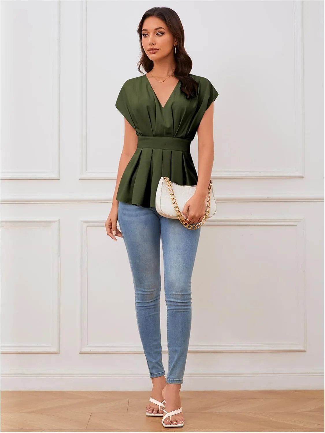 SweatyRocks Women's Batwing Sleeve V Neck Fold Pleated Ruffle Hem Blouse Peplum Top