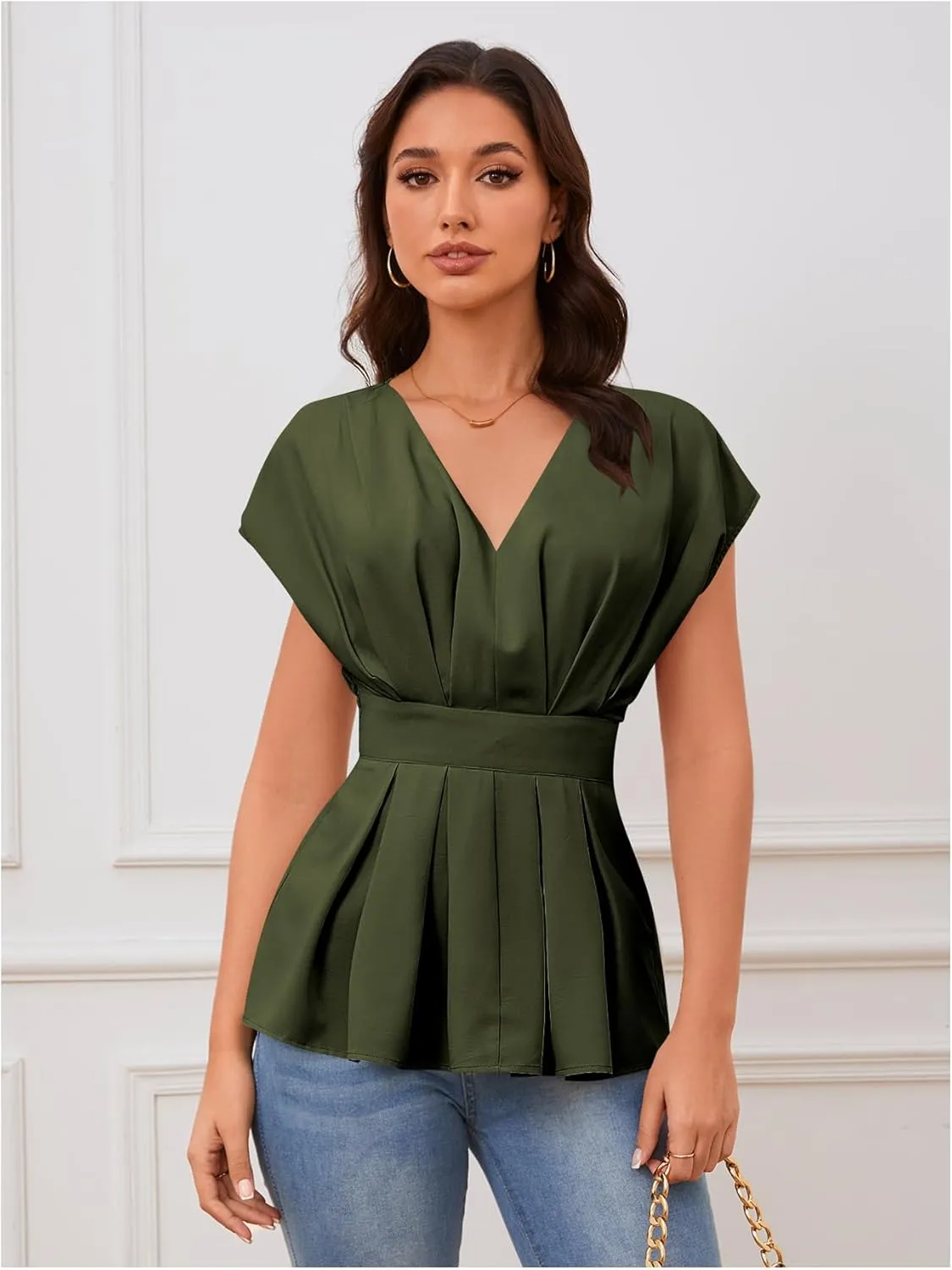 SweatyRocks Women's Batwing Sleeve V Neck Fold Pleated Ruffle Hem Blouse Peplum Top