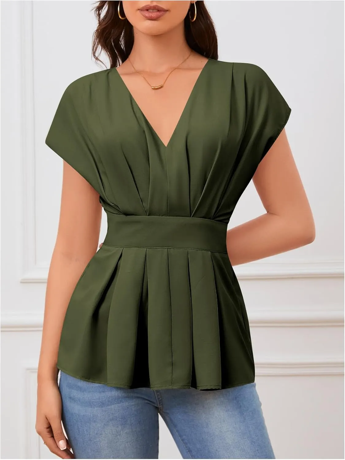 SweatyRocks Women's Batwing Sleeve V Neck Fold Pleated Ruffle Hem Blouse Peplum Top