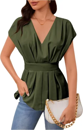 SweatyRocks Women's Batwing Sleeve V Neck Fold Pleated Ruffle Hem Blouse Peplum Top