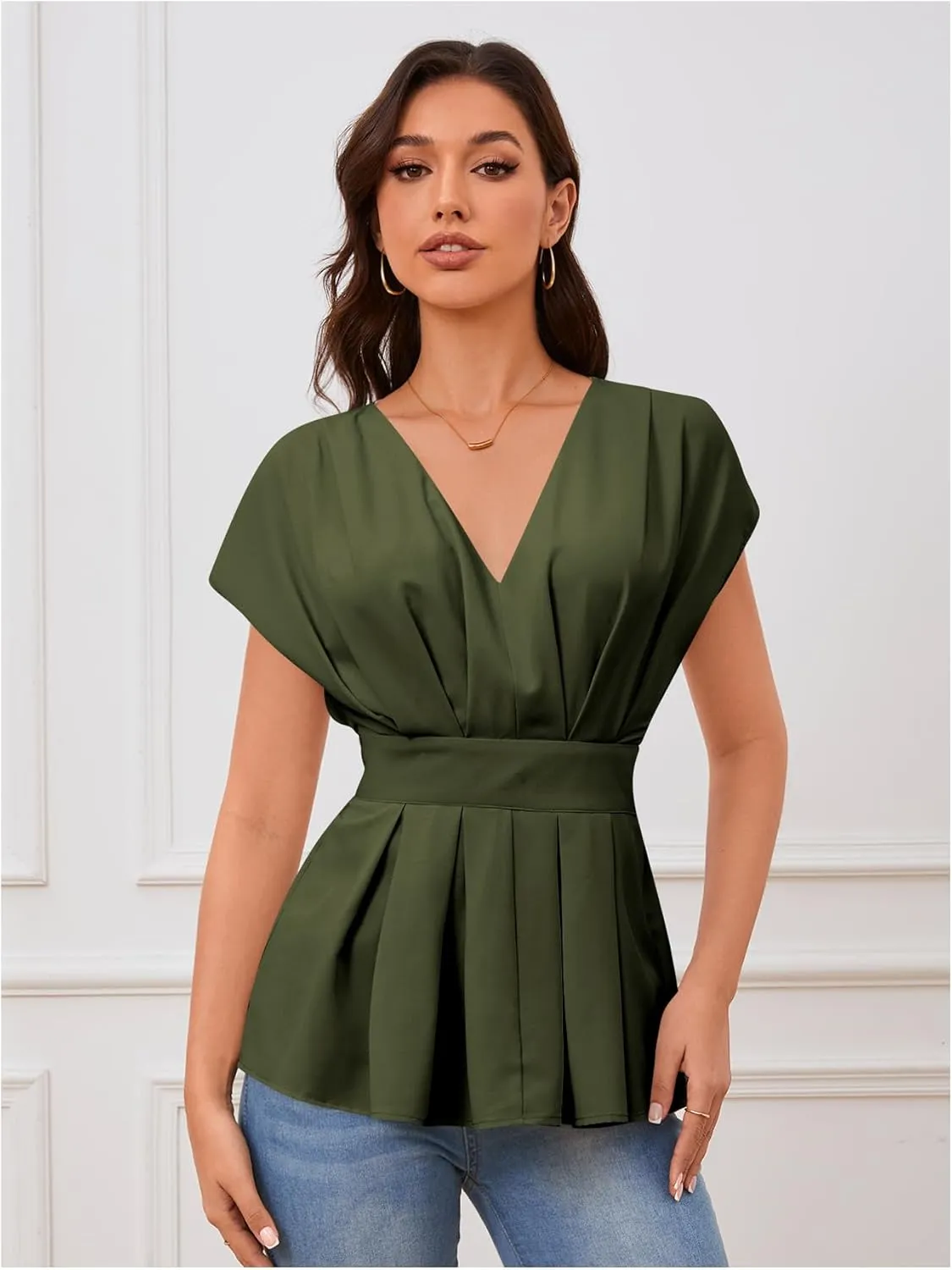 SweatyRocks Women's Batwing Sleeve V Neck Fold Pleated Ruffle Hem Blouse Peplum Top