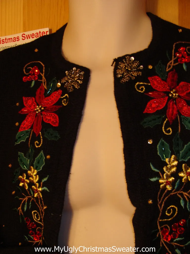 Tacky Ugly Christmas Sweater Bolero-style Jacket with Poinsettias & Bling  (f142)