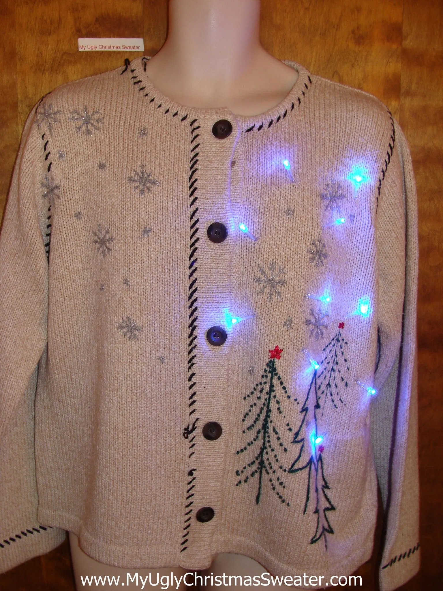 Tan Cross Stitch Trees Light Up Ugly Xmas Sweater