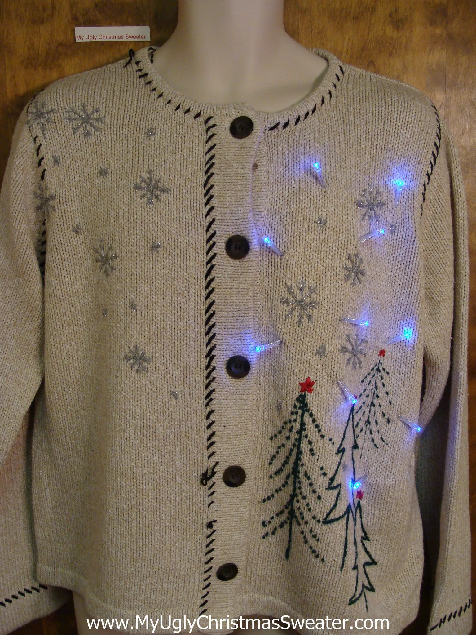 Tan Cross Stitch Trees Light Up Ugly Xmas Sweater