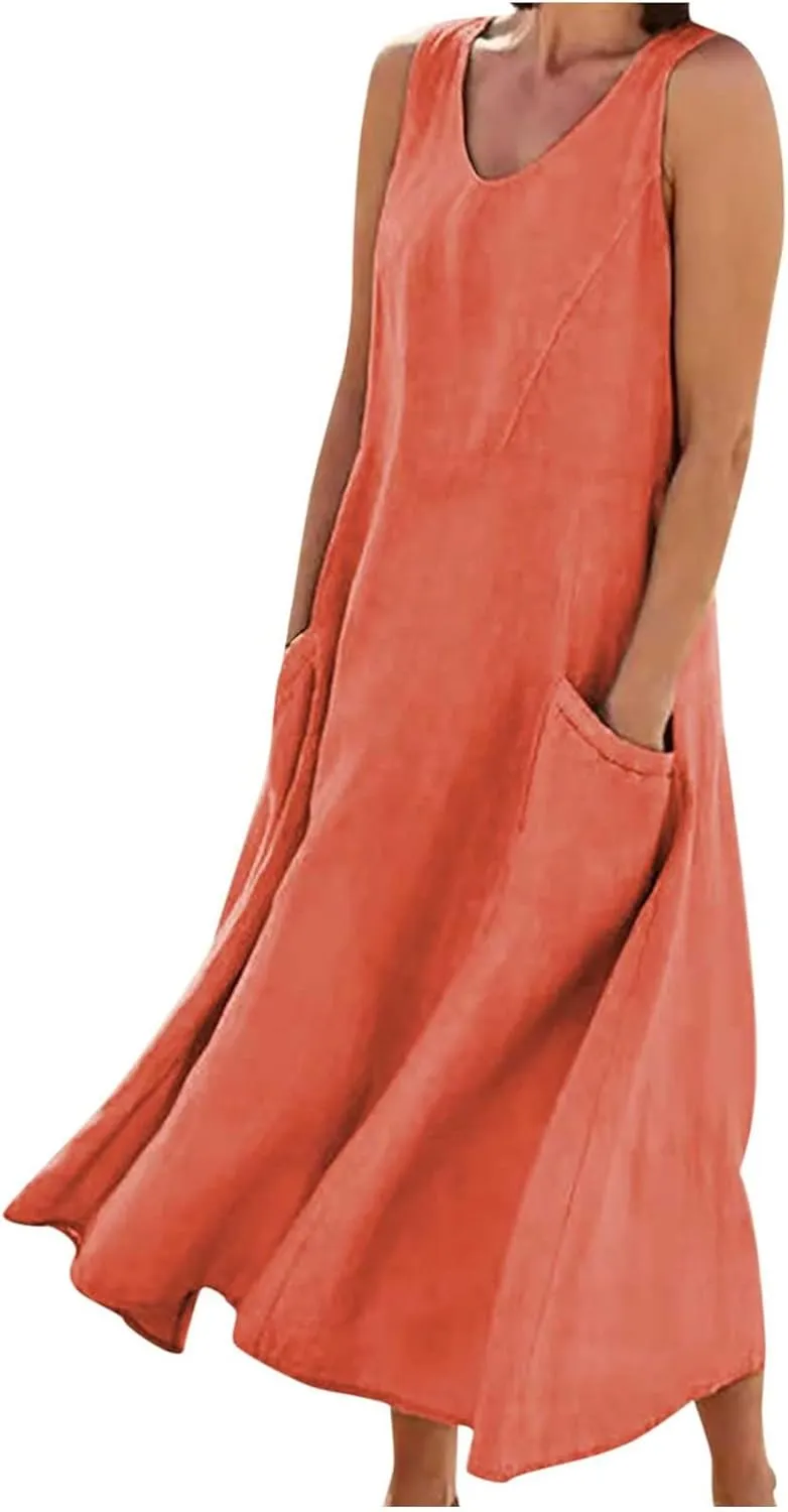 Tank Dresses for Womens Casual V Neck Sleeveless Cotton Linen Long Dress Flowy Beach Maxi Sundresses with Pockets