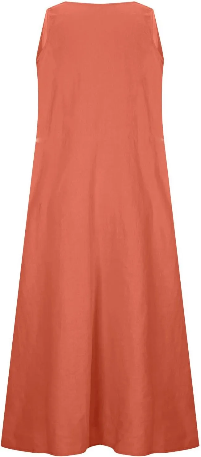Tank Dresses for Womens Casual V Neck Sleeveless Cotton Linen Long Dress Flowy Beach Maxi Sundresses with Pockets