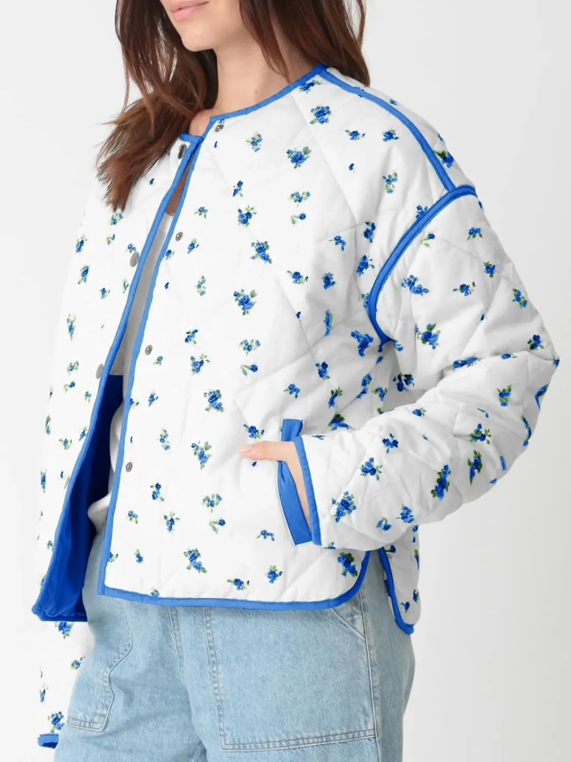 Tankaneo Womens Floral Cropped Quilted Jackets Lightweight Fall Casual Coats Color Block Printed Winter Outerwear