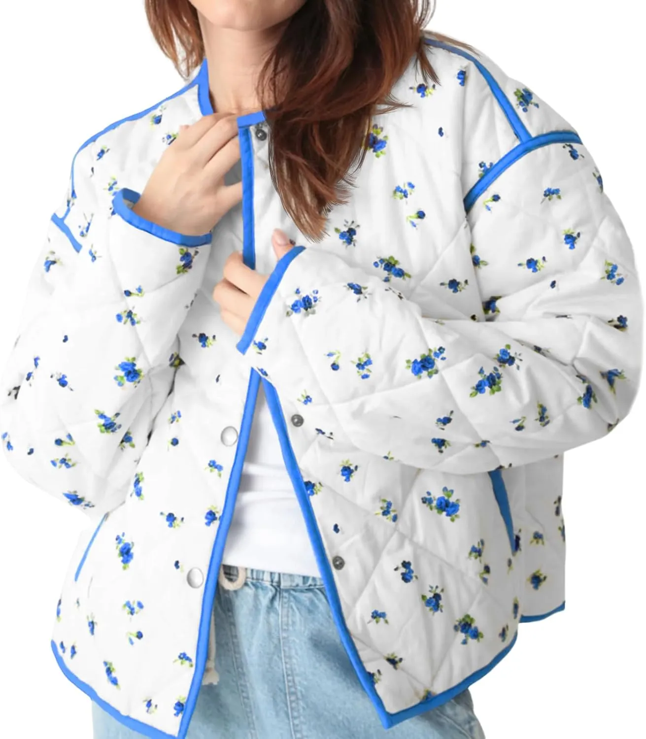Tankaneo Womens Floral Cropped Quilted Jackets Lightweight Fall Casual Coats Color Block Printed Winter Outerwear