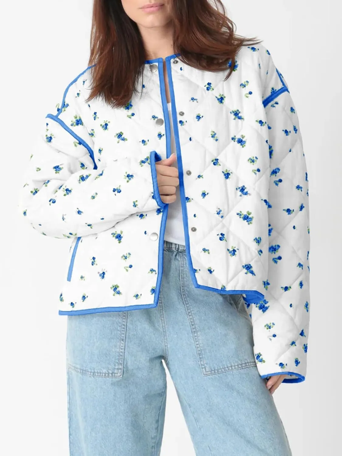 Tankaneo Womens Floral Cropped Quilted Jackets Lightweight Fall Casual Coats Color Block Printed Winter Outerwear
