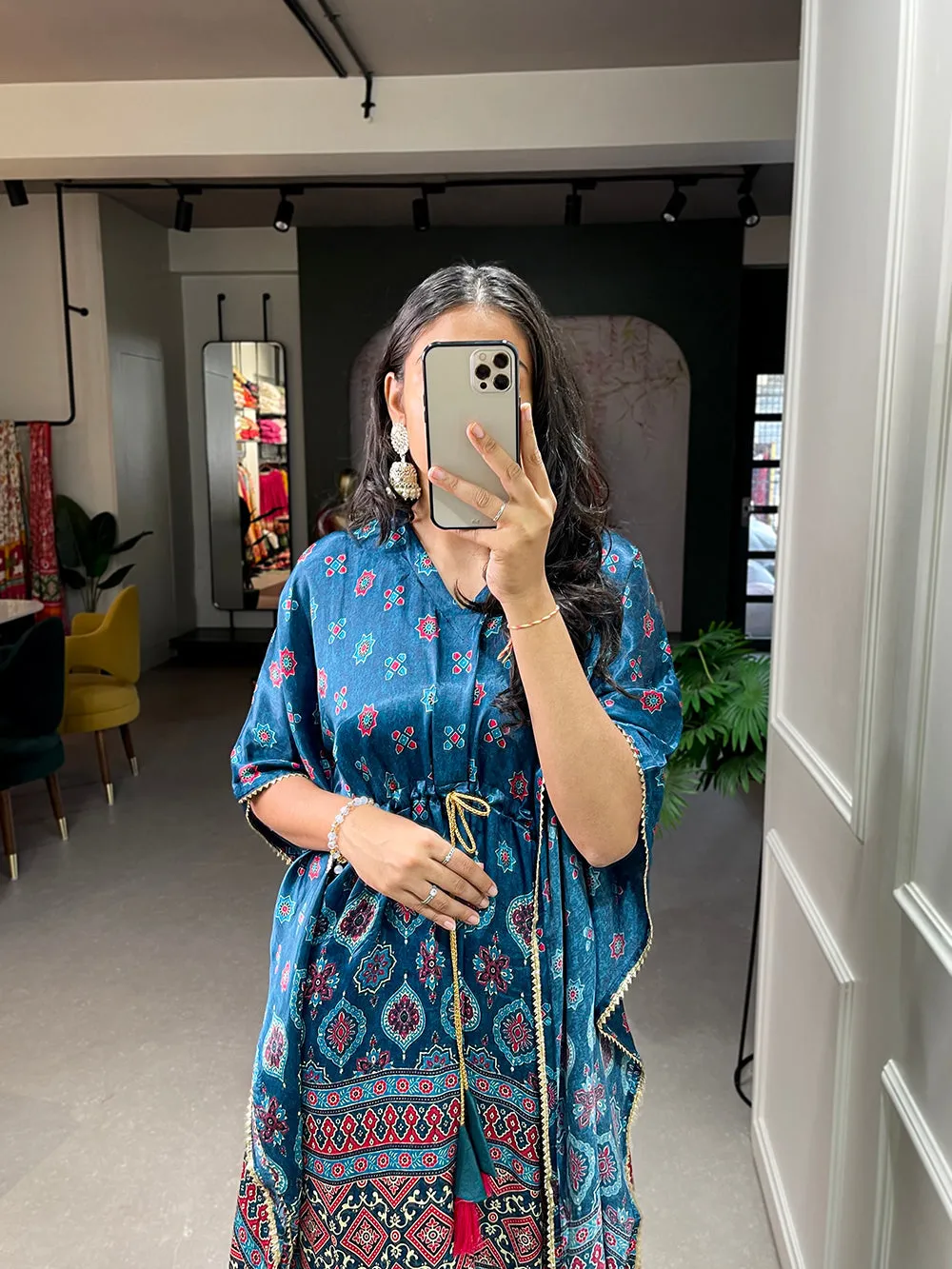 Teal Color Digital Print With Gotta Patti Lace Border Gaji Silk Kaftan