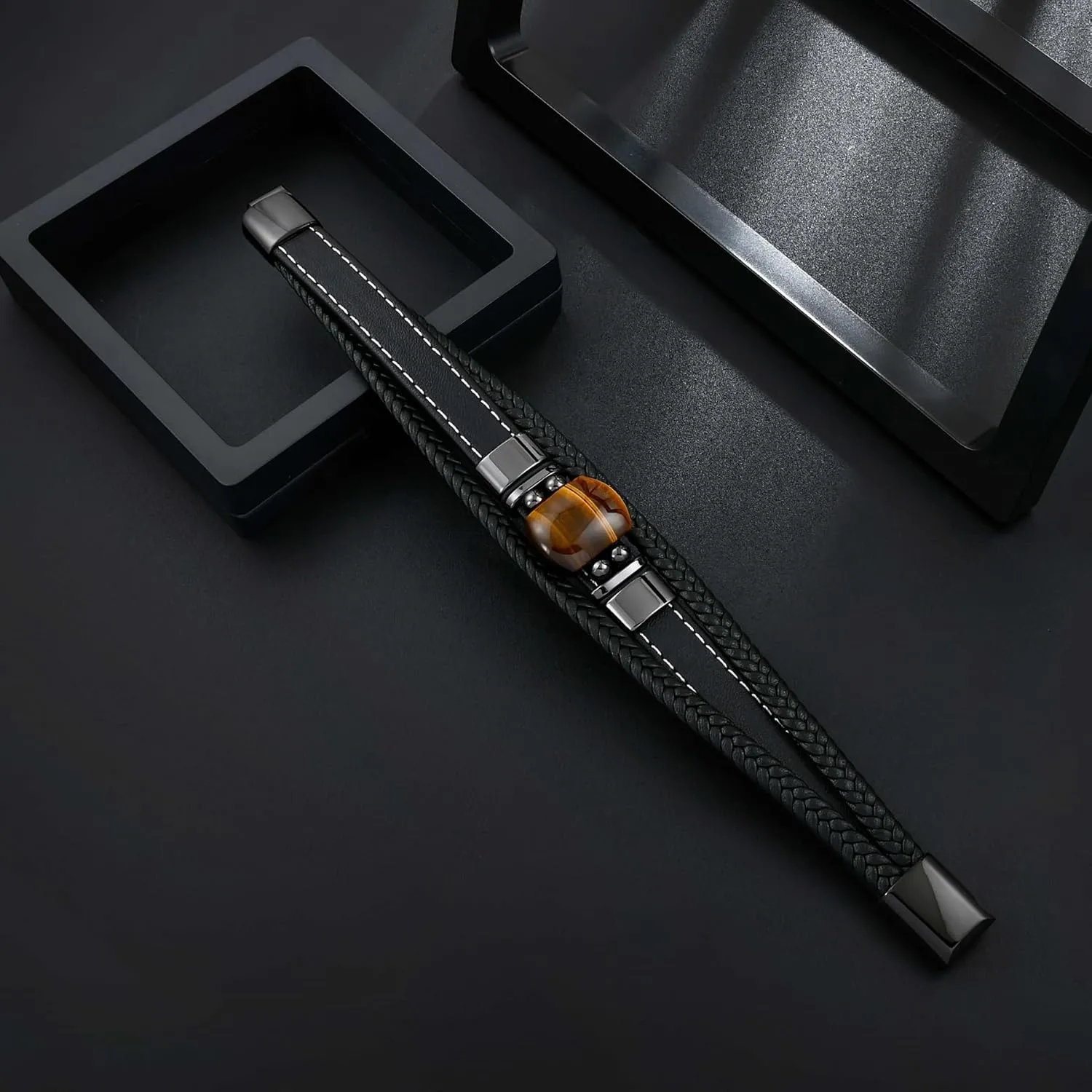 Tiger Eye Leather Bracelet for Men,3 Layer Multi-Layer Braided Leather Bracelet With Natural Tiger Eyes Gemstone 361L Stainless Steel Clasp Men Leather Cuff Wristband Jewelry for Father