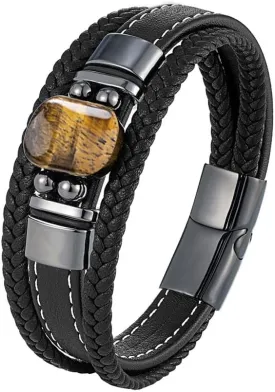Tiger Eye Leather Bracelet for Men,3 Layer Multi-Layer Braided Leather Bracelet With Natural Tiger Eyes Gemstone 361L Stainless Steel Clasp Men Leather Cuff Wristband Jewelry for Father