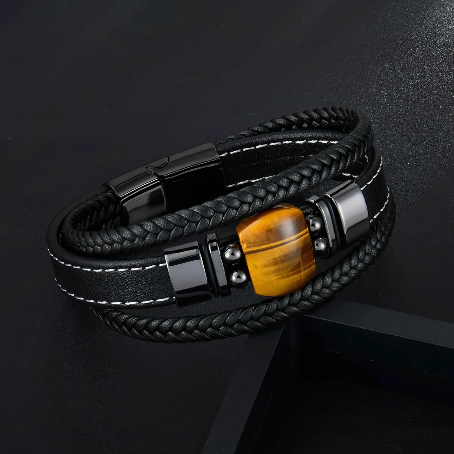 Tiger Eye Leather Bracelet for Men,3 Layer Multi-Layer Braided Leather Bracelet With Natural Tiger Eyes Gemstone 361L Stainless Steel Clasp Men Leather Cuff Wristband Jewelry for Father