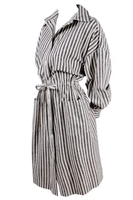 Vintage Oleg Cassini Raw Silk Dress in Gray & White Stripes w/ Drawstring Waist