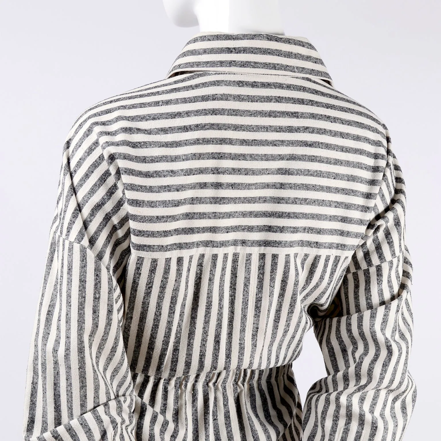 Vintage Oleg Cassini Raw Silk Dress in Gray & White Stripes w/ Drawstring Waist