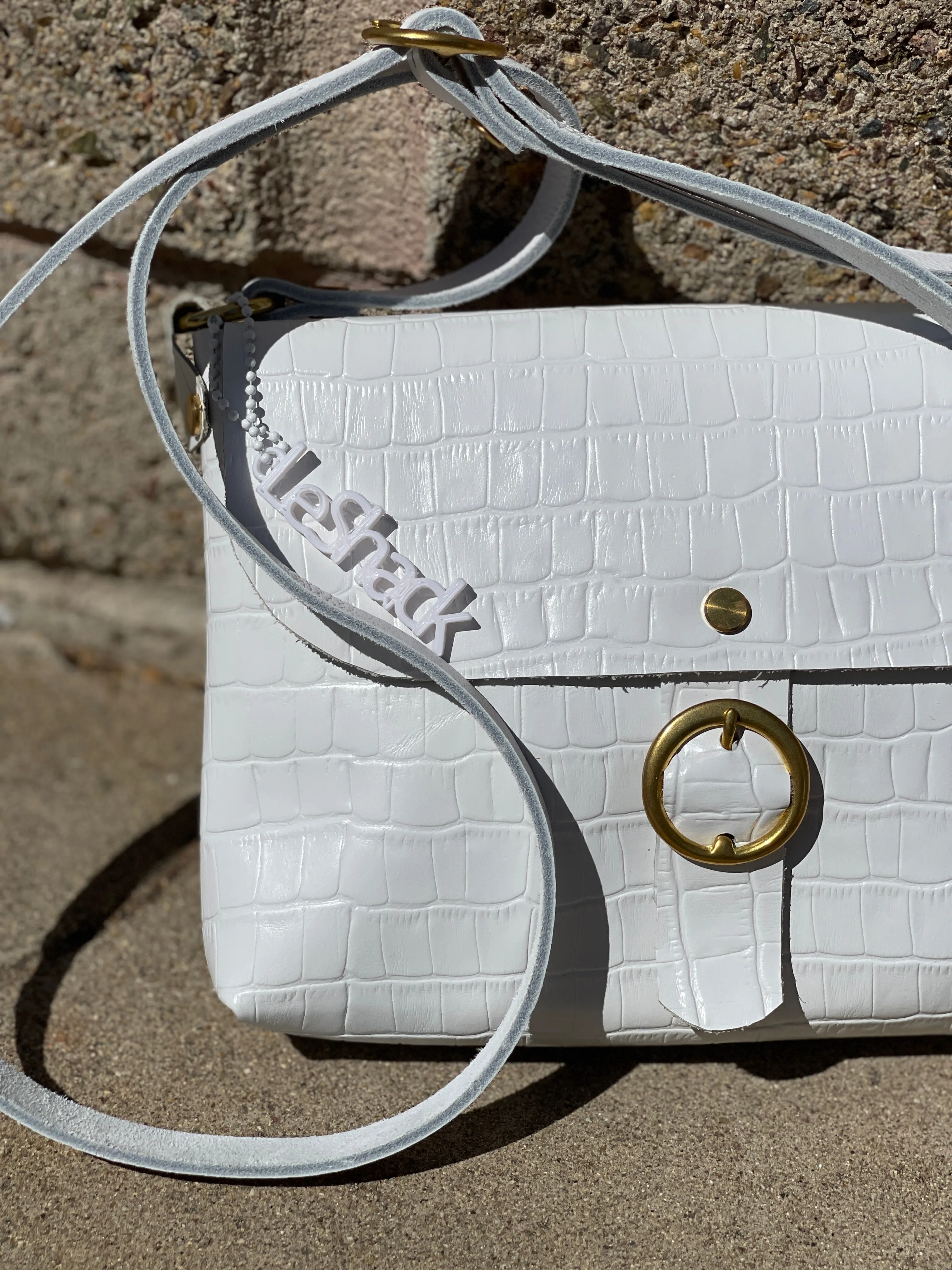 White Embossed Leather Small Crossbody Flap Messenger Bag
