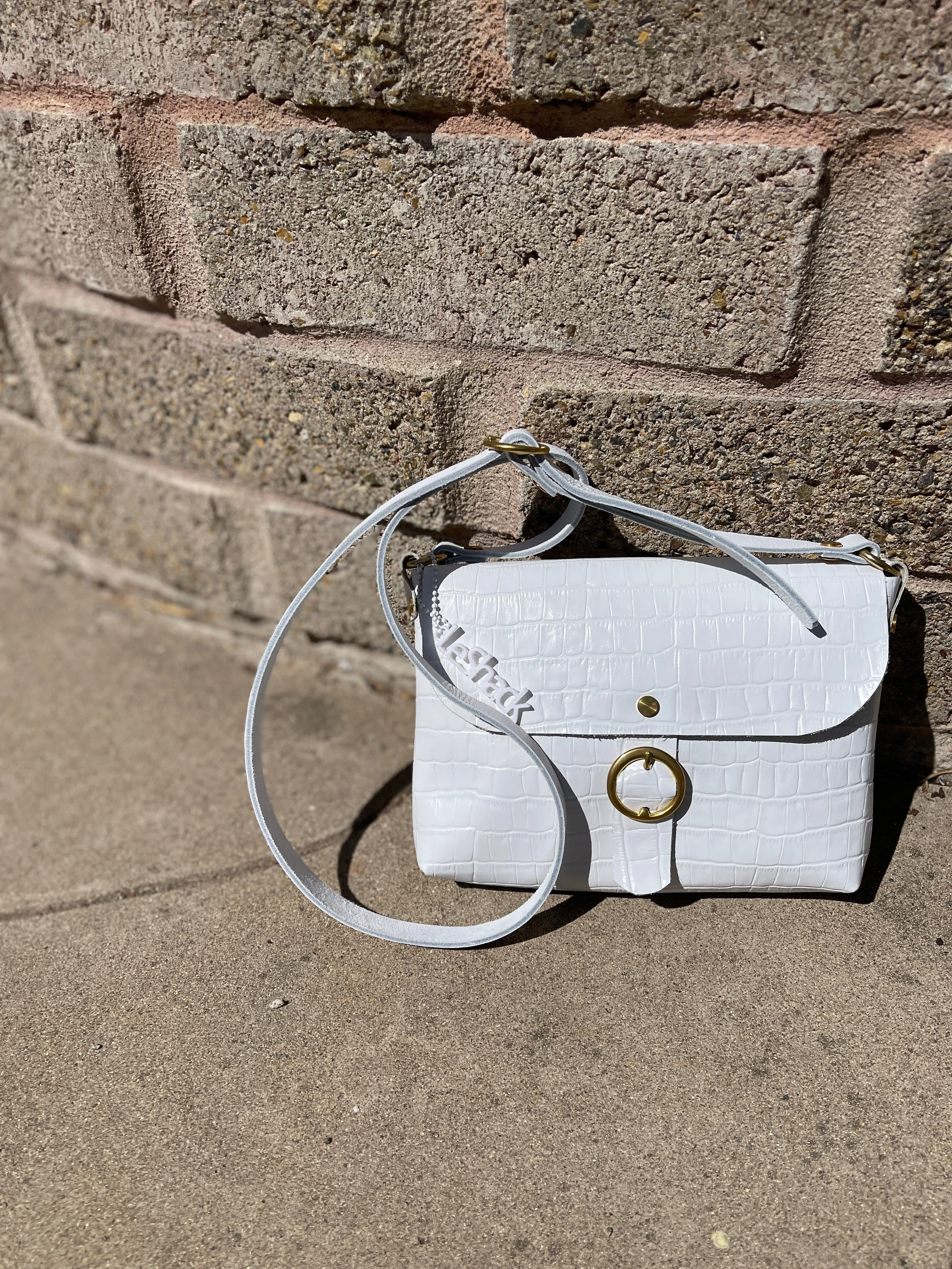 White Embossed Leather Small Crossbody Flap Messenger Bag