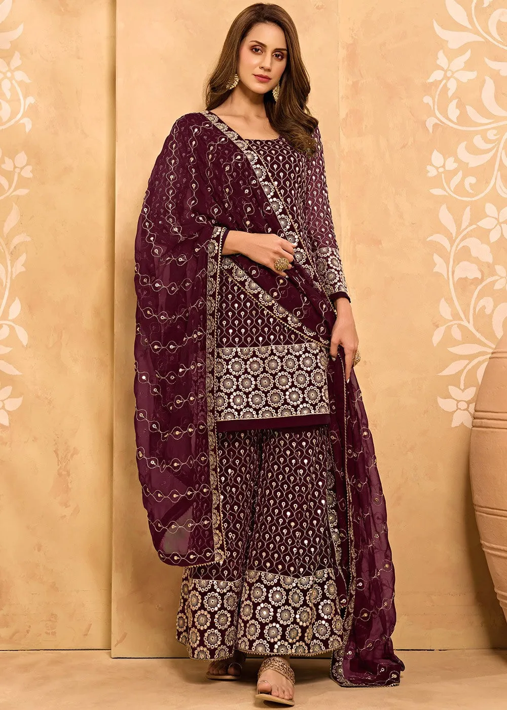 Wine Maroon Party Style Designer Sharara Suit