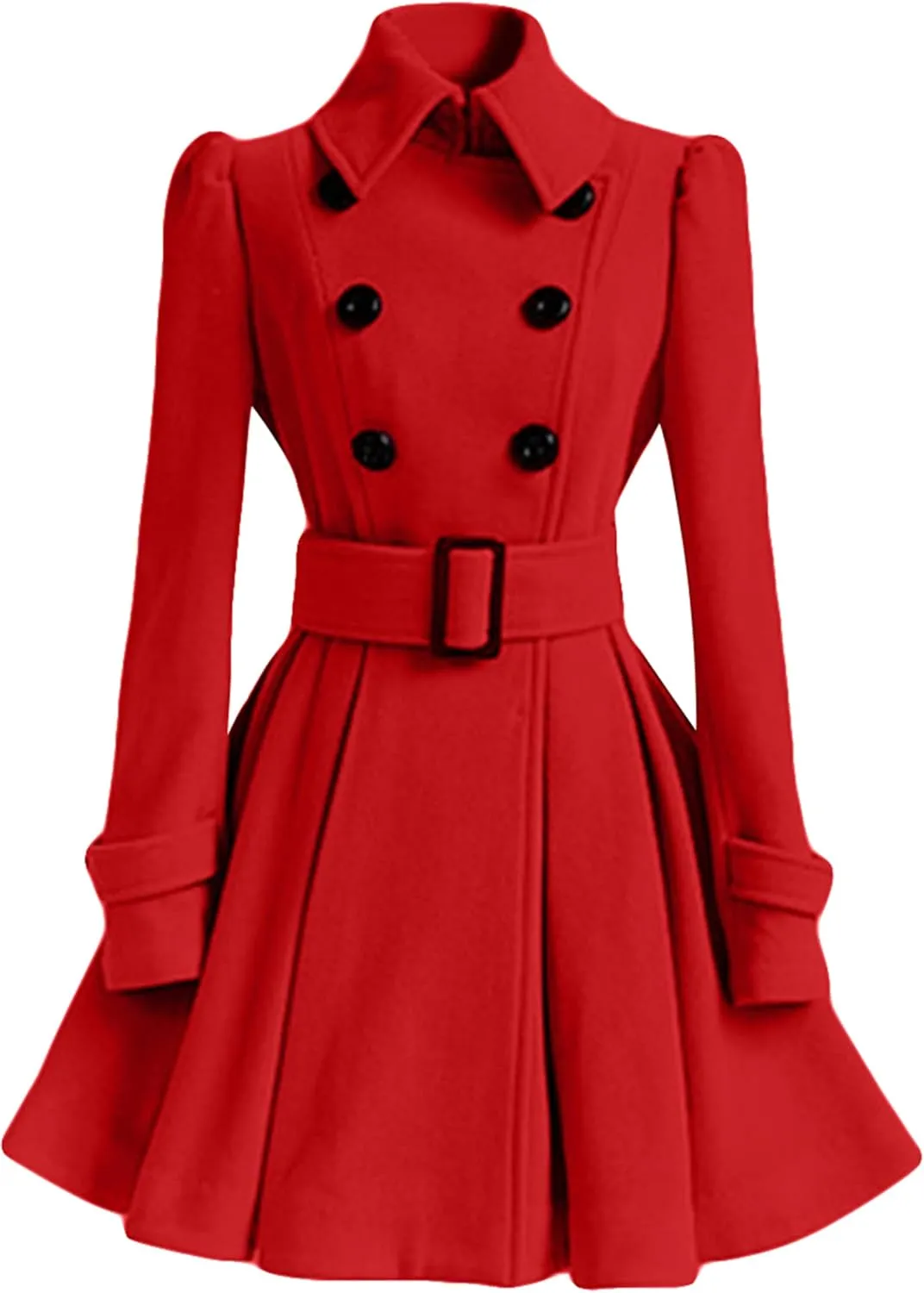 WIWIQS Women Winter Wool Blend Pea Coat Double Breasted Swing Jackets Pleated Mid-Long Outwear with Belt Buckle