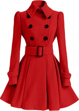 WIWIQS Women Winter Wool Blend Pea Coat Double Breasted Swing Jackets Pleated Mid-Long Outwear with Belt Buckle