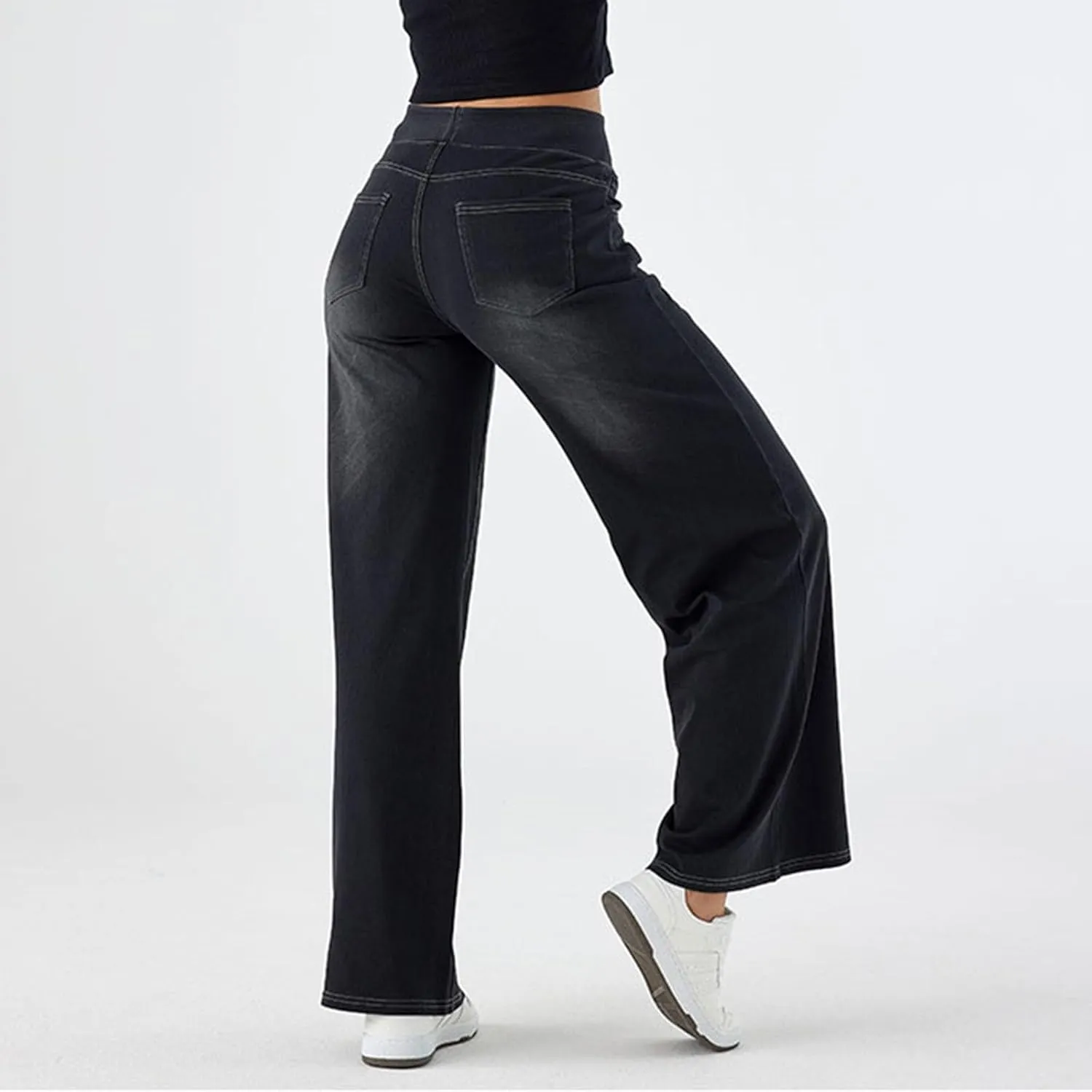 Women Sweatpant Jeans Sweatpants That Look Like Jeans High Waisted Stretchy Pull On Wide Leg Denim Pants with Pockets