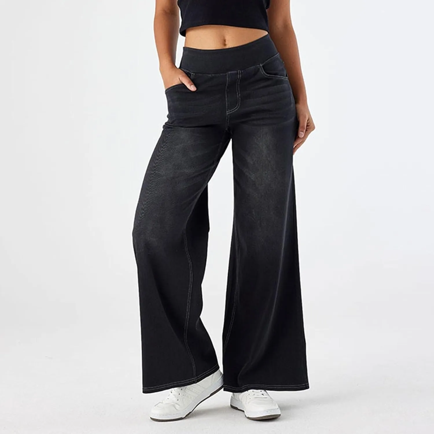 Women Sweatpant Jeans Sweatpants That Look Like Jeans High Waisted Stretchy Pull On Wide Leg Denim Pants with Pockets