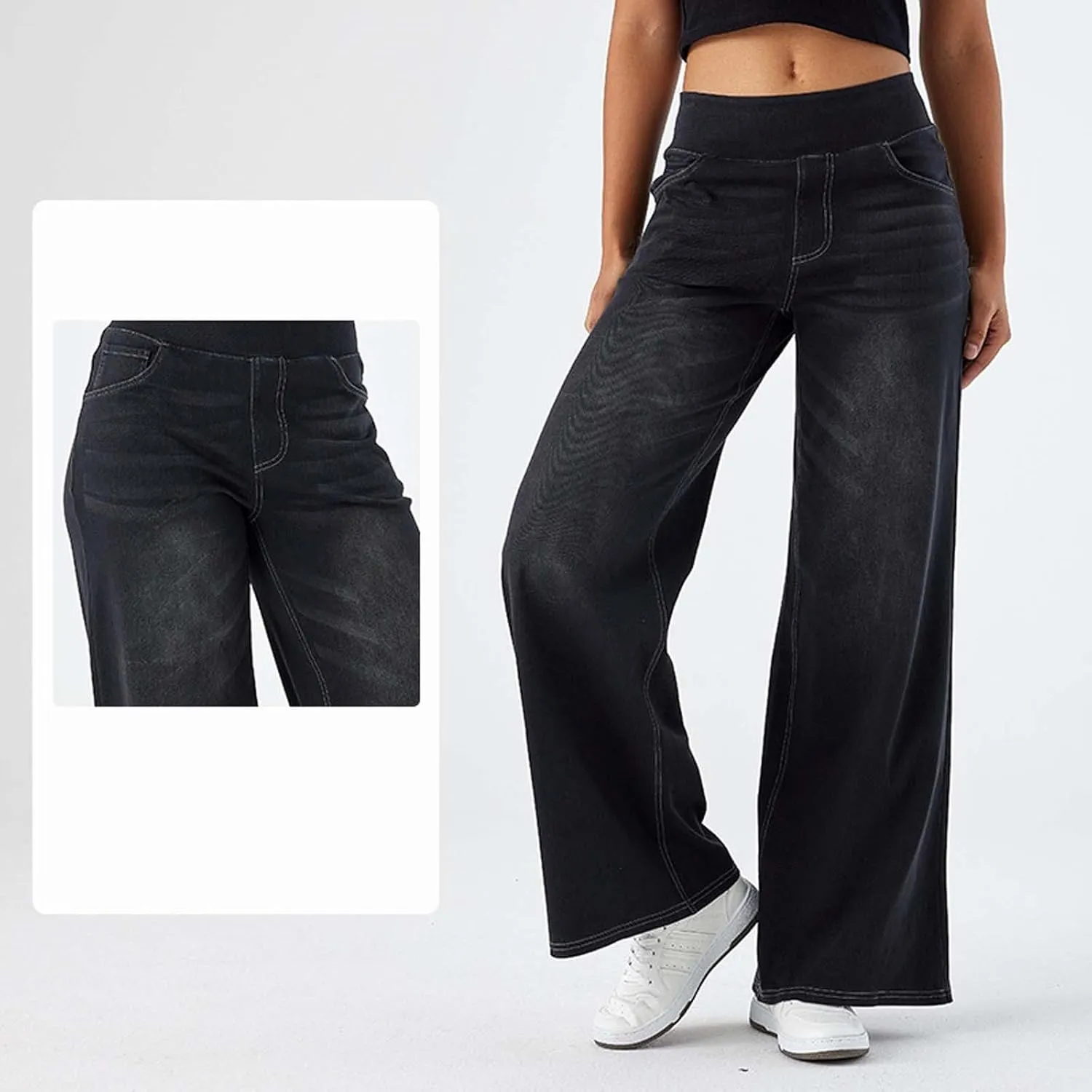 Women Sweatpant Jeans Sweatpants That Look Like Jeans High Waisted Stretchy Pull On Wide Leg Denim Pants with Pockets