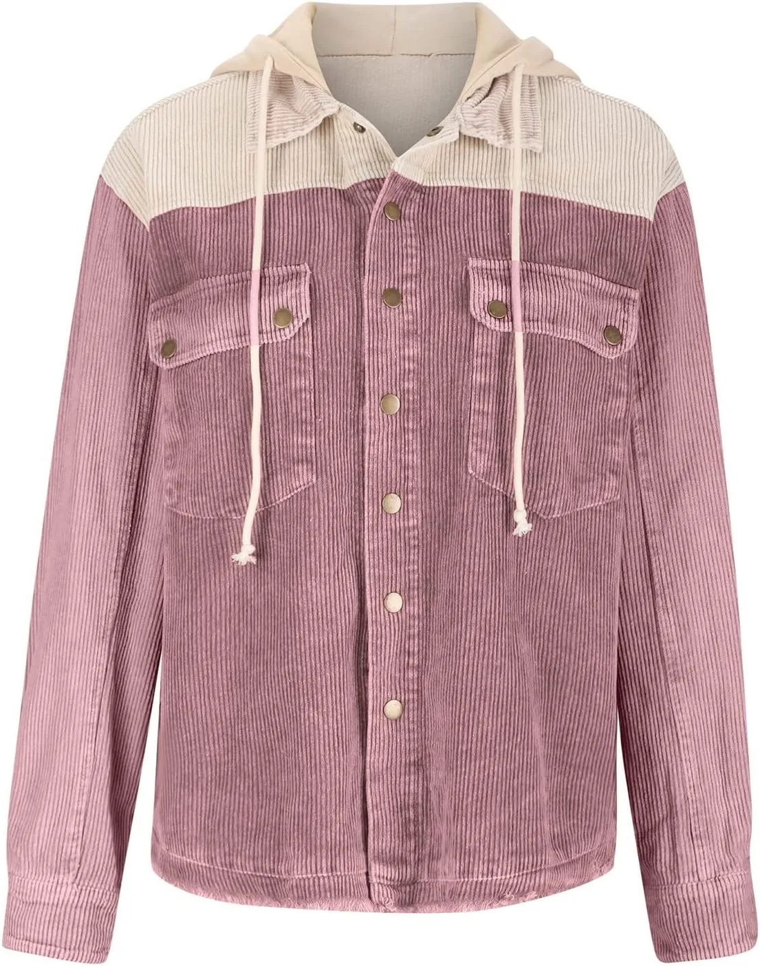 Women's Casual Corduroy Button Down Hooded Color Block Shirts Shackets Jacket Fall Winter Long Sleeve Coat Outwear