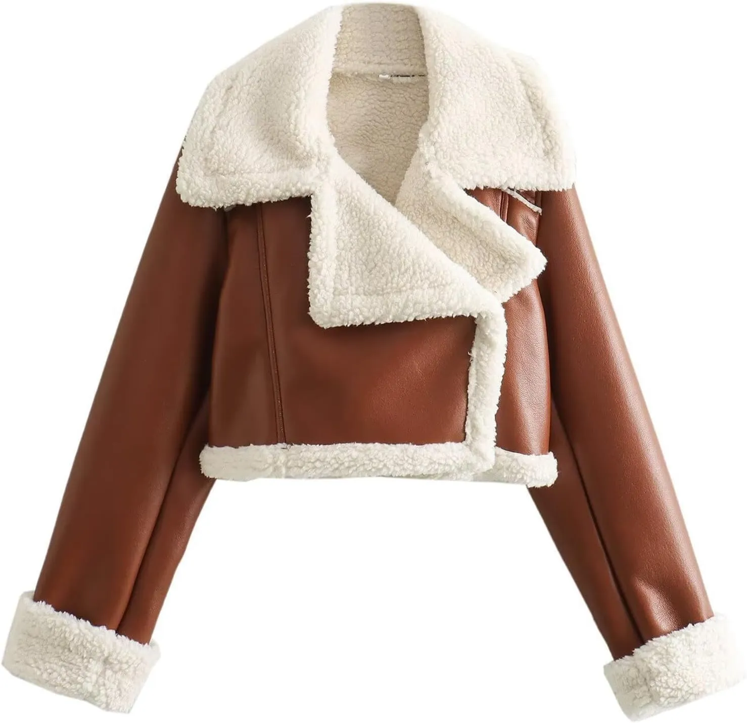 Women's Faux Shearling Fur Winter Coat Warm Thick Fur Lined Faux Leather Jacket Lapel Cropped Casual Moto Jacket Coat