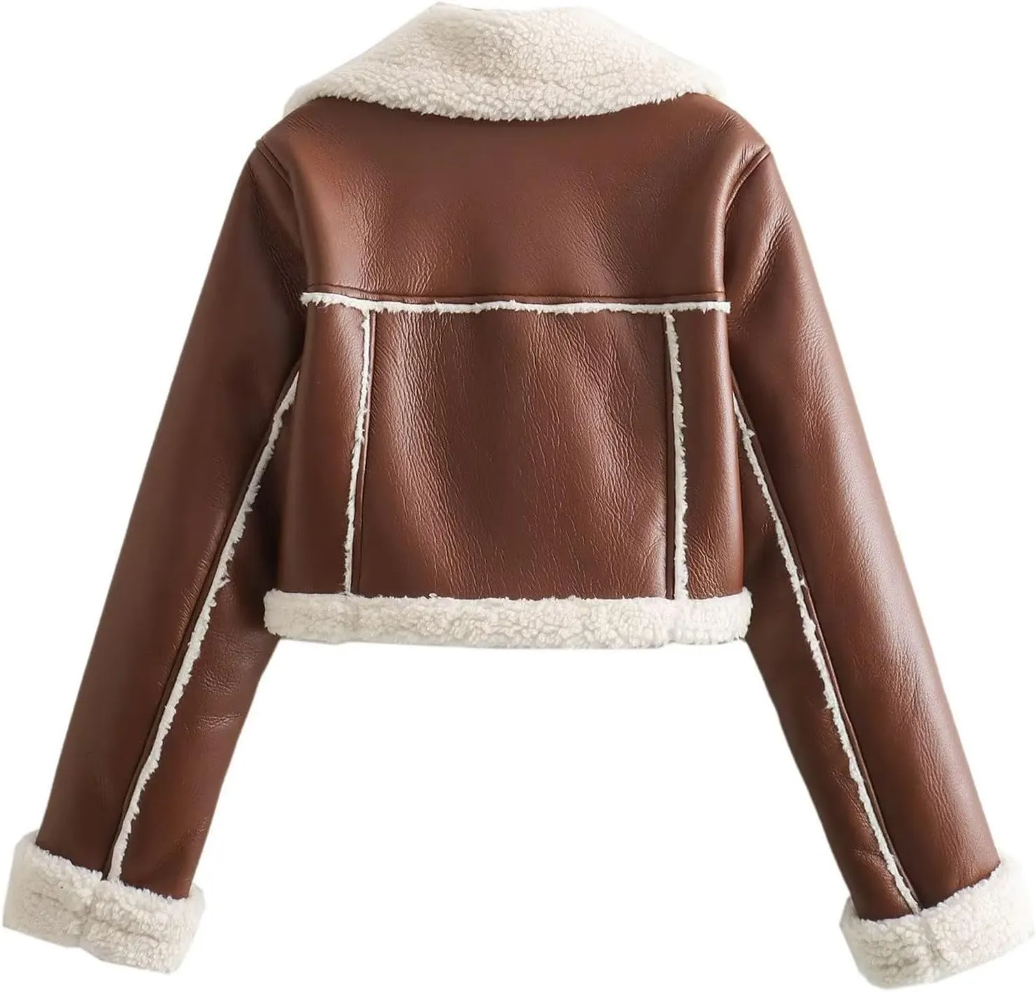 Women's Faux Shearling Fur Winter Coat Warm Thick Fur Lined Faux Leather Jacket Lapel Cropped Casual Moto Jacket Coat