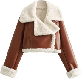 Women's Faux Shearling Fur Winter Coat Warm Thick Fur Lined Faux Leather Jacket Lapel Cropped Casual Moto Jacket Coat