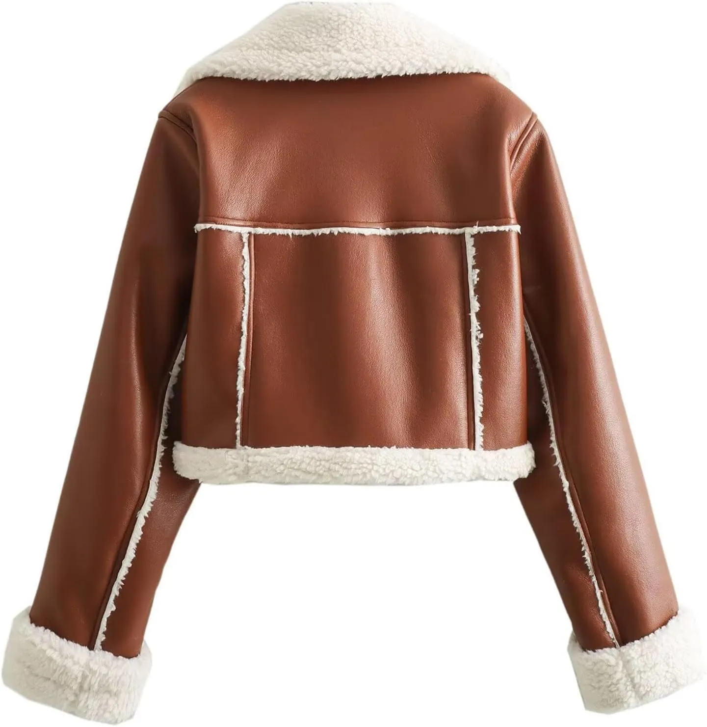 Women's Faux Shearling Fur Winter Coat Warm Thick Fur Lined Faux Leather Jacket Lapel Cropped Casual Moto Jacket Coat