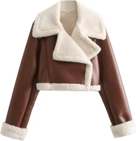 Women's Faux Shearling Fur Winter Coat Warm Thick Fur Lined Faux Leather Jacket Lapel Cropped Casual Moto Jacket Coat