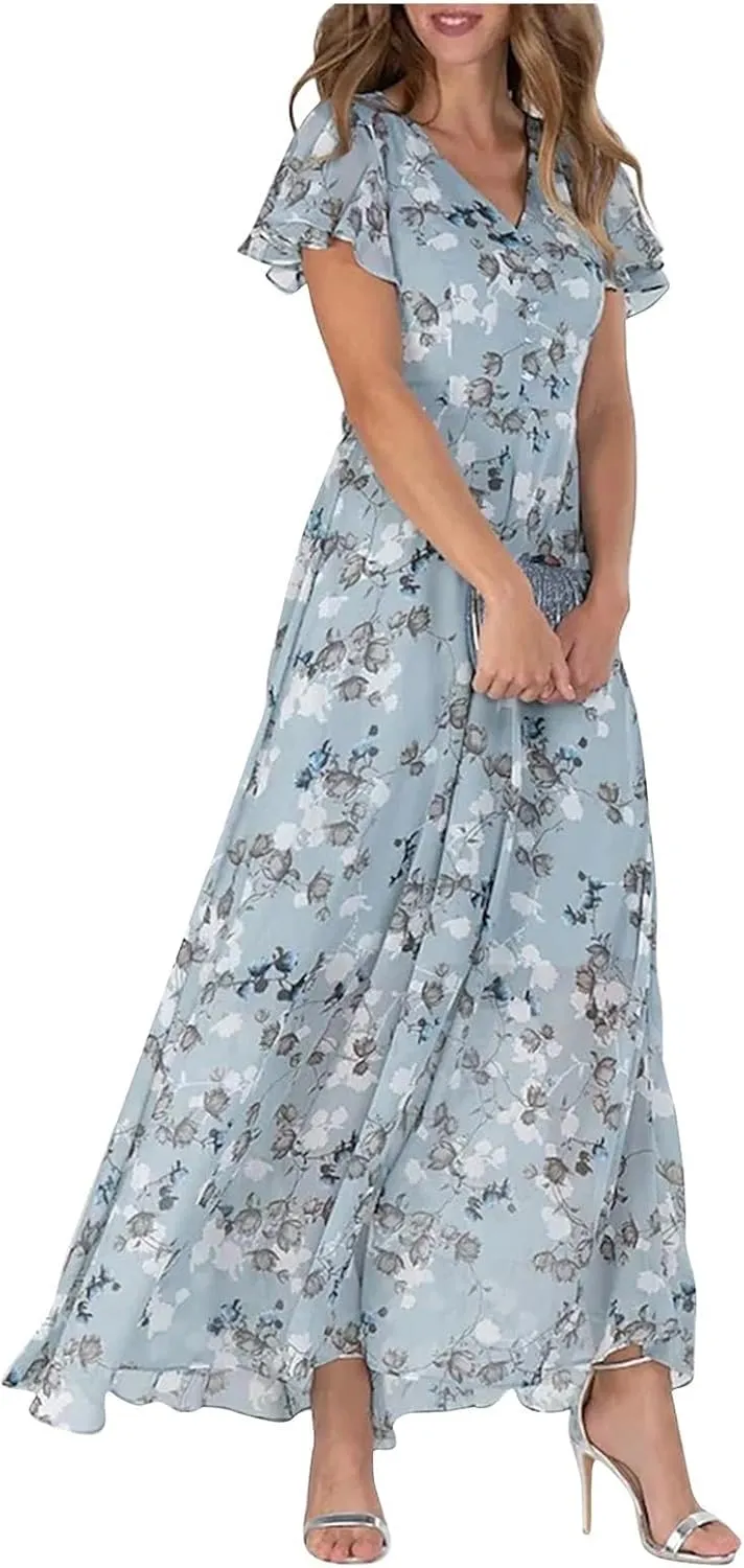 Womens Floral Chiffon Maxi Dress Summer V Neck Short Sleeve Boho Wedding Guest Dress Empire Waist Modest Midi Dresses