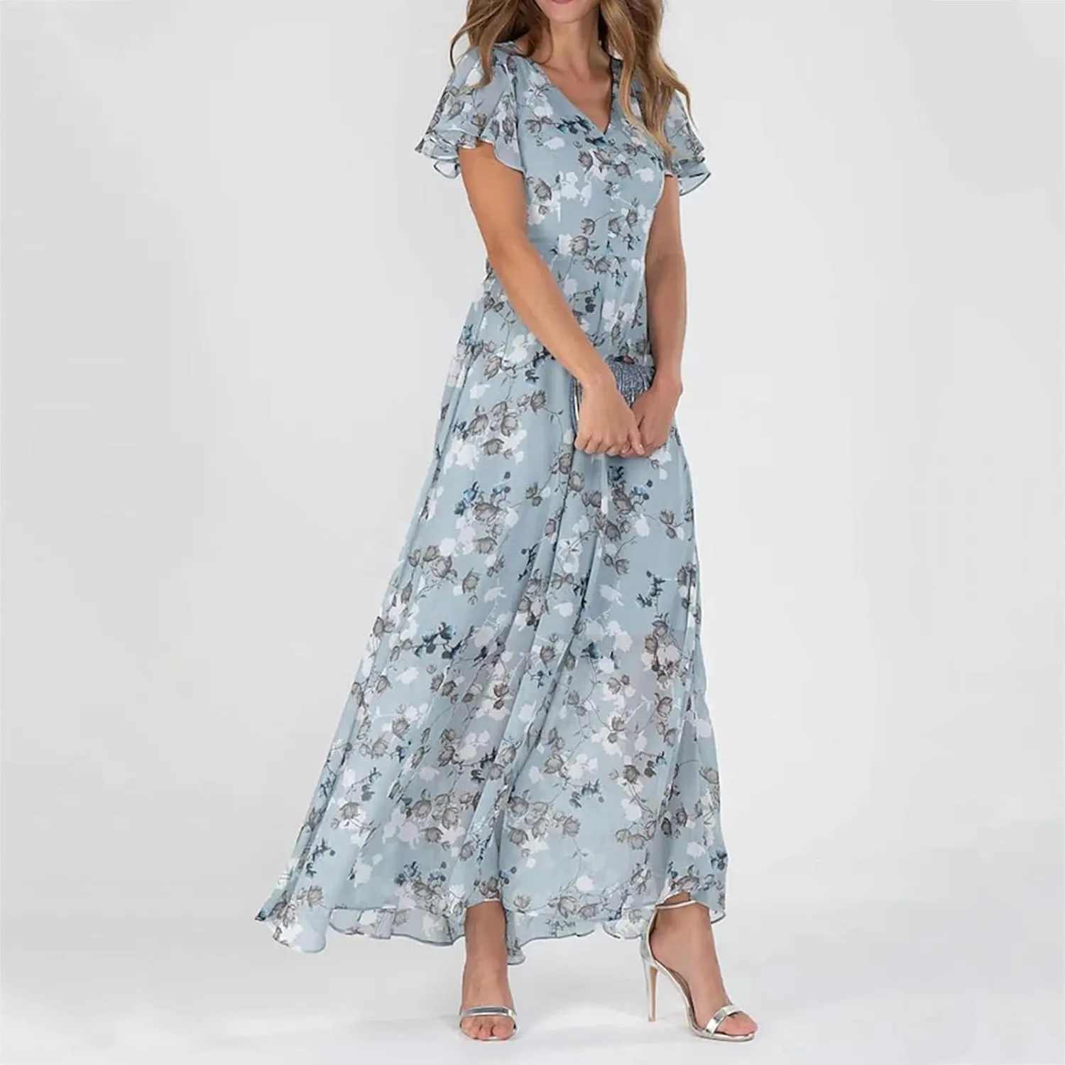 Womens Floral Chiffon Maxi Dress Summer V Neck Short Sleeve Boho Wedding Guest Dress Empire Waist Modest Midi Dresses
