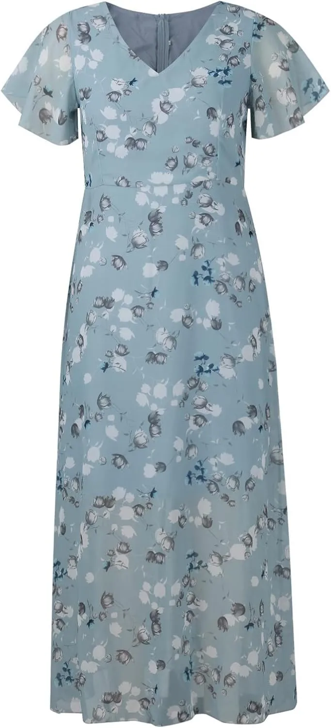Womens Floral Chiffon Maxi Dress Summer V Neck Short Sleeve Boho Wedding Guest Dress Empire Waist Modest Midi Dresses