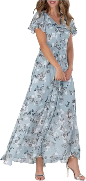 Womens Floral Chiffon Maxi Dress Summer V Neck Short Sleeve Boho Wedding Guest Dress Empire Waist Modest Midi Dresses