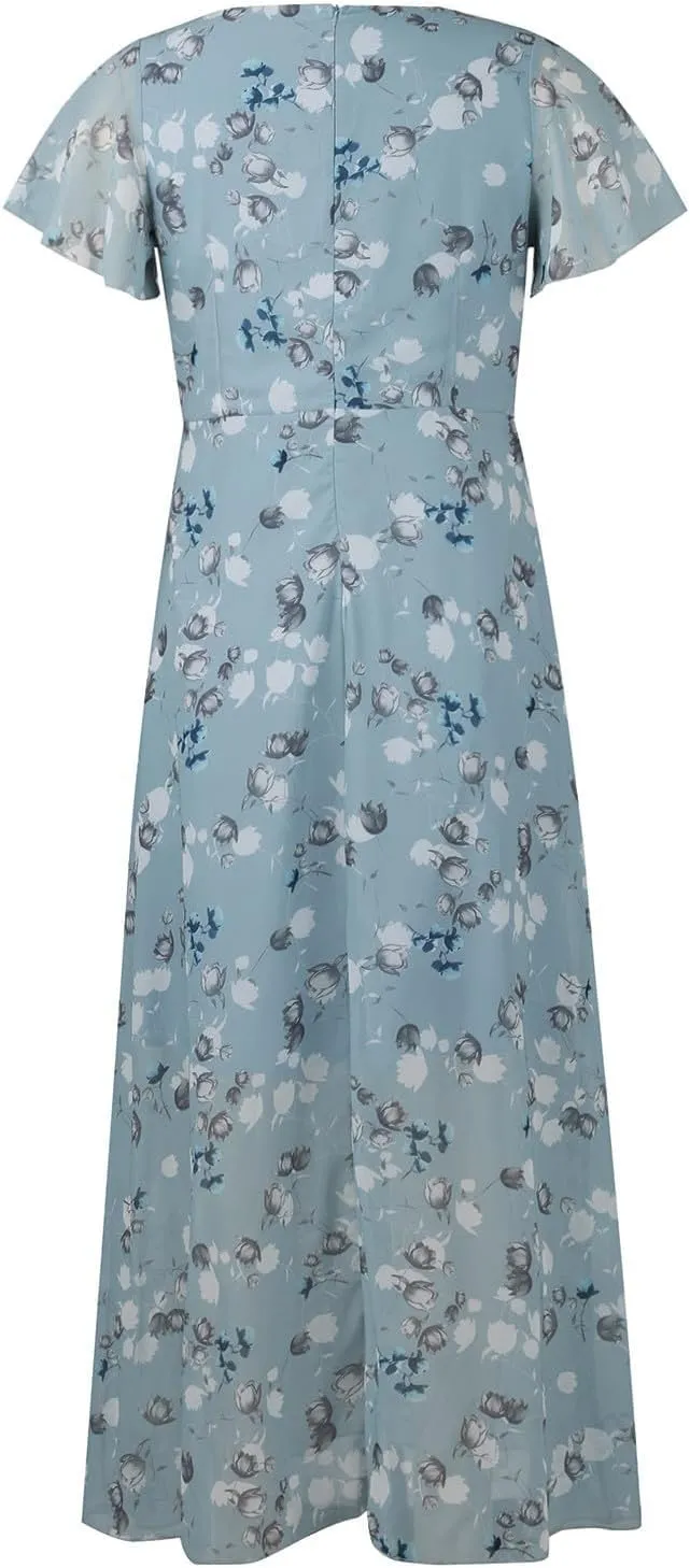 Womens Floral Chiffon Maxi Dress Summer V Neck Short Sleeve Boho Wedding Guest Dress Empire Waist Modest Midi Dresses