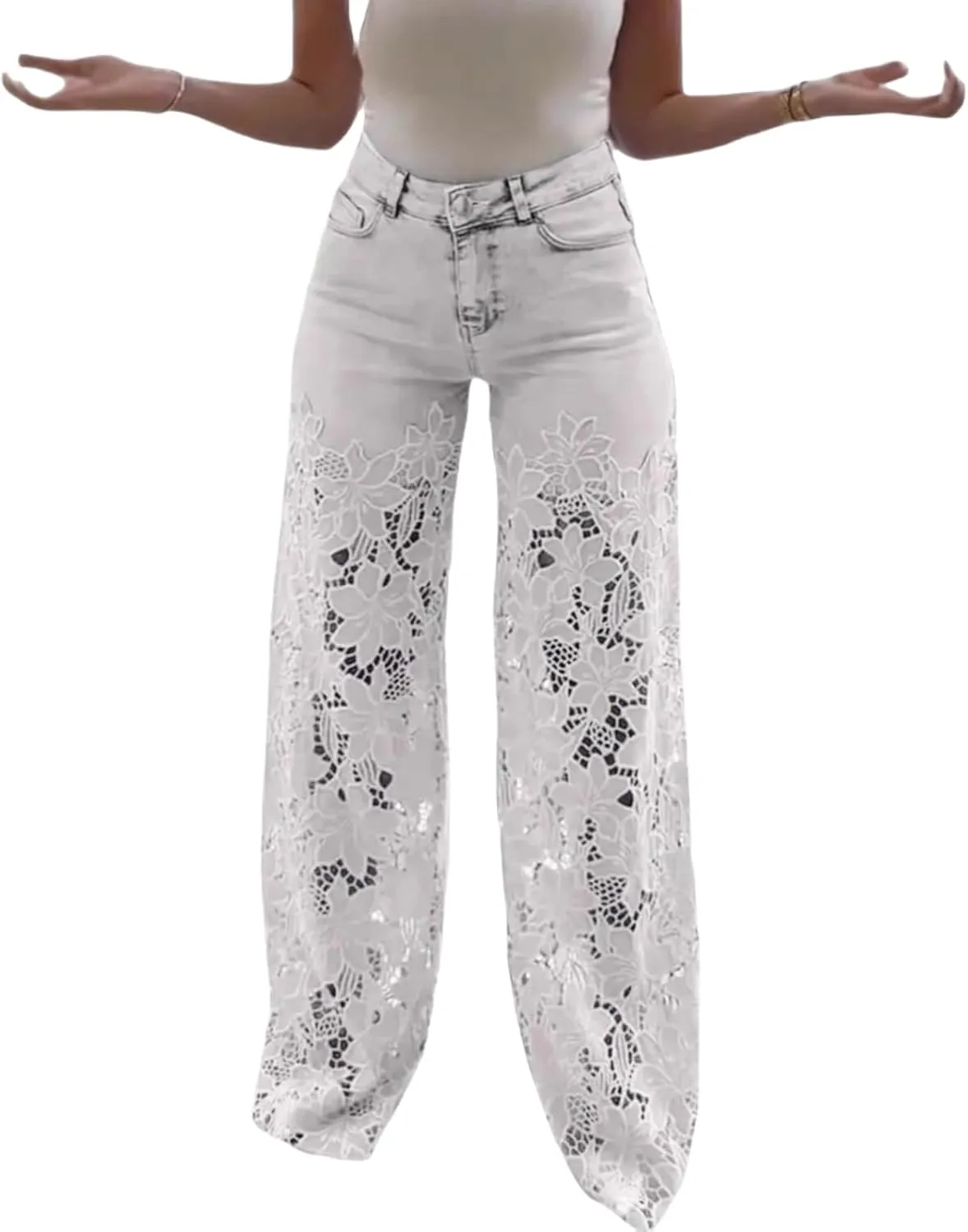 Women's Lace Patchwork Hollow Jeans, Floral Patchwork Ripped Straight Leg Jeans Trouser, Lace Pants for Women Sexy