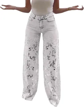 Women's Lace Patchwork Hollow Jeans, Floral Patchwork Ripped Straight Leg Jeans Trouser, Lace Pants for Women Sexy