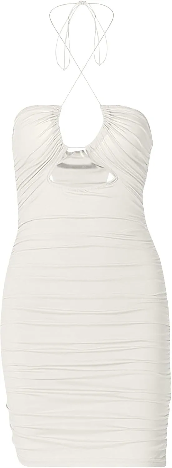 Womens Sexy Bodycon Party Mini Dress Spaghetti Strap Cutout Halter Strappy Backless Ruched Dresses Summer Outfit