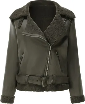 Womens Suede Faux Shearling Moto Bomber Jacket Sherpa Lined Lapel Coat Winter Faux Leather Coat Outerwear Overcoat