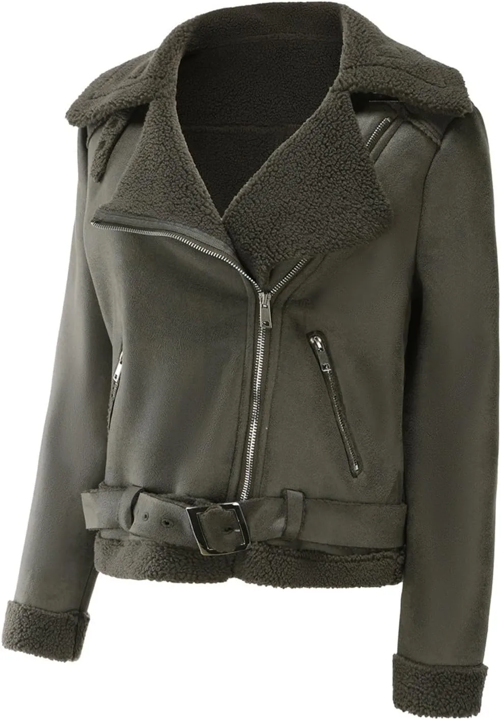 Womens Suede Faux Shearling Moto Bomber Jacket Sherpa Lined Lapel Coat Winter Faux Leather Coat Outerwear Overcoat