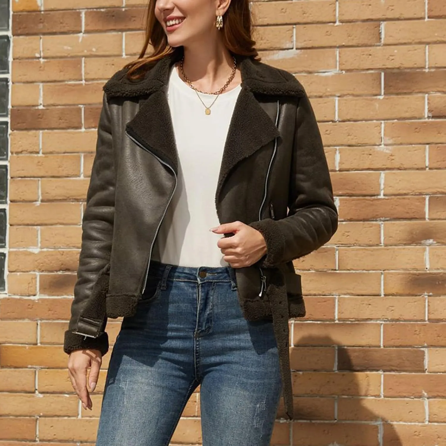 Womens Suede Faux Shearling Moto Bomber Jacket Sherpa Lined Lapel Coat Winter Faux Leather Coat Outerwear Overcoat