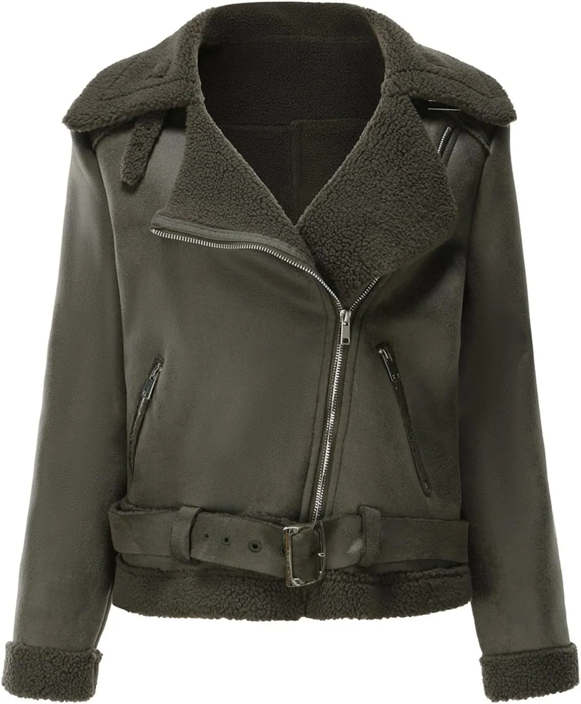 Womens Suede Faux Shearling Moto Bomber Jacket Sherpa Lined Lapel Coat Winter Faux Leather Coat Outerwear Overcoat