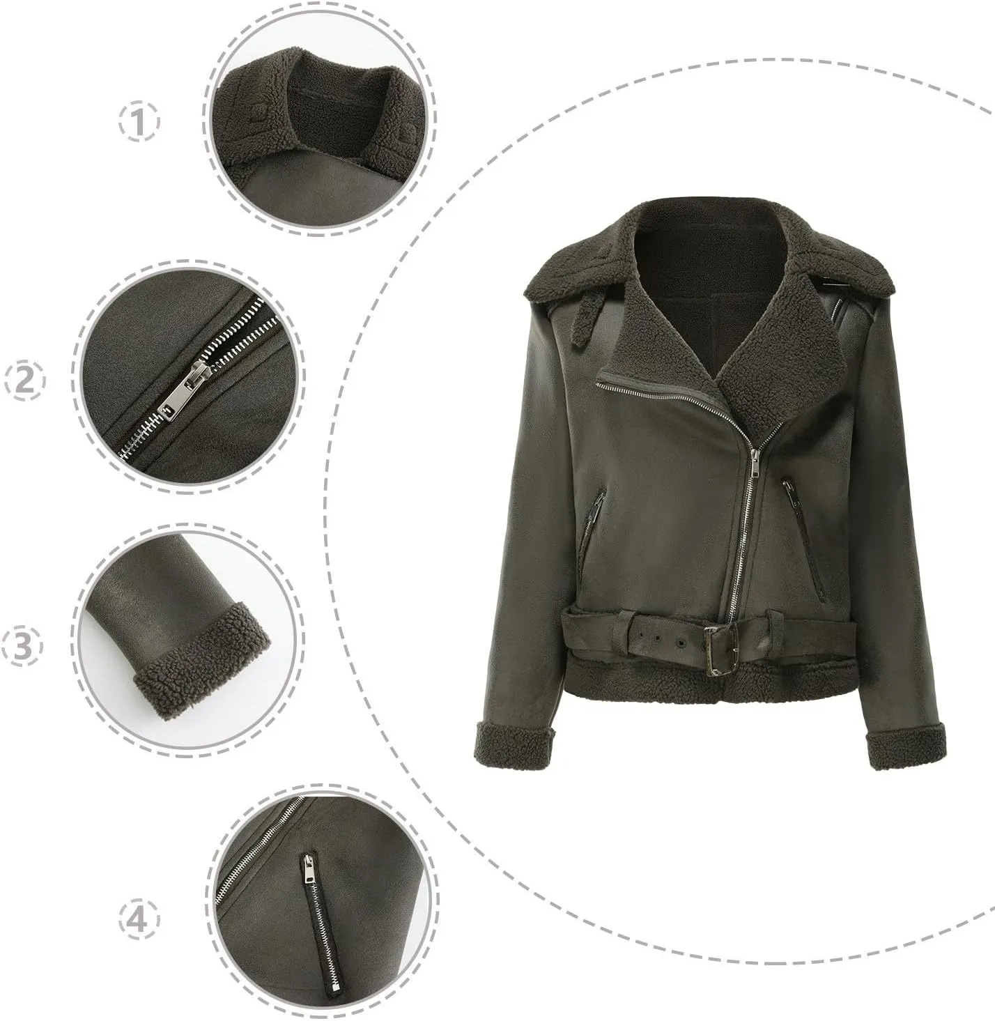 Womens Suede Faux Shearling Moto Bomber Jacket Sherpa Lined Lapel Coat Winter Faux Leather Coat Outerwear Overcoat