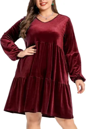 Women's Velvet Dress Long Sleeve Loose Flowy Swing Tunic Velvet Dress Plus Size Dress with Pocket